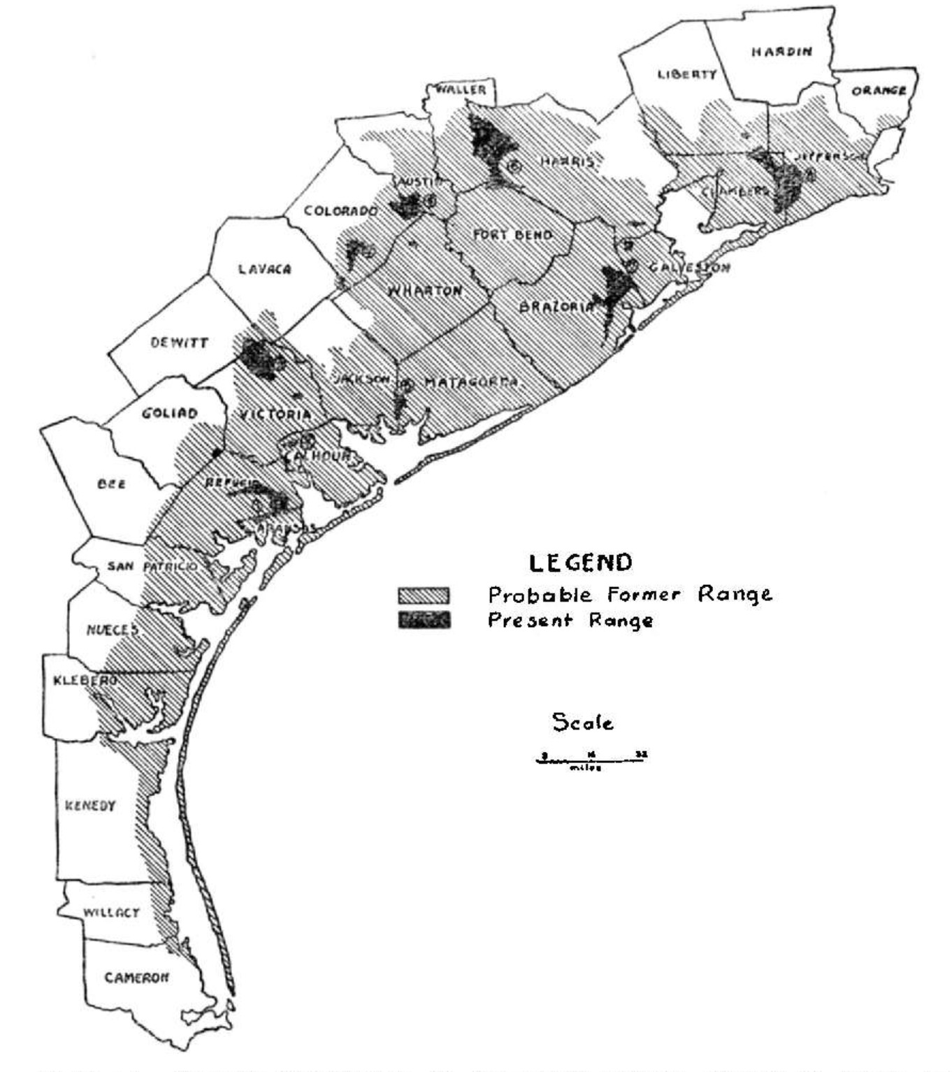 Historical range map of Attwater's Prairie Chicken in Texas
